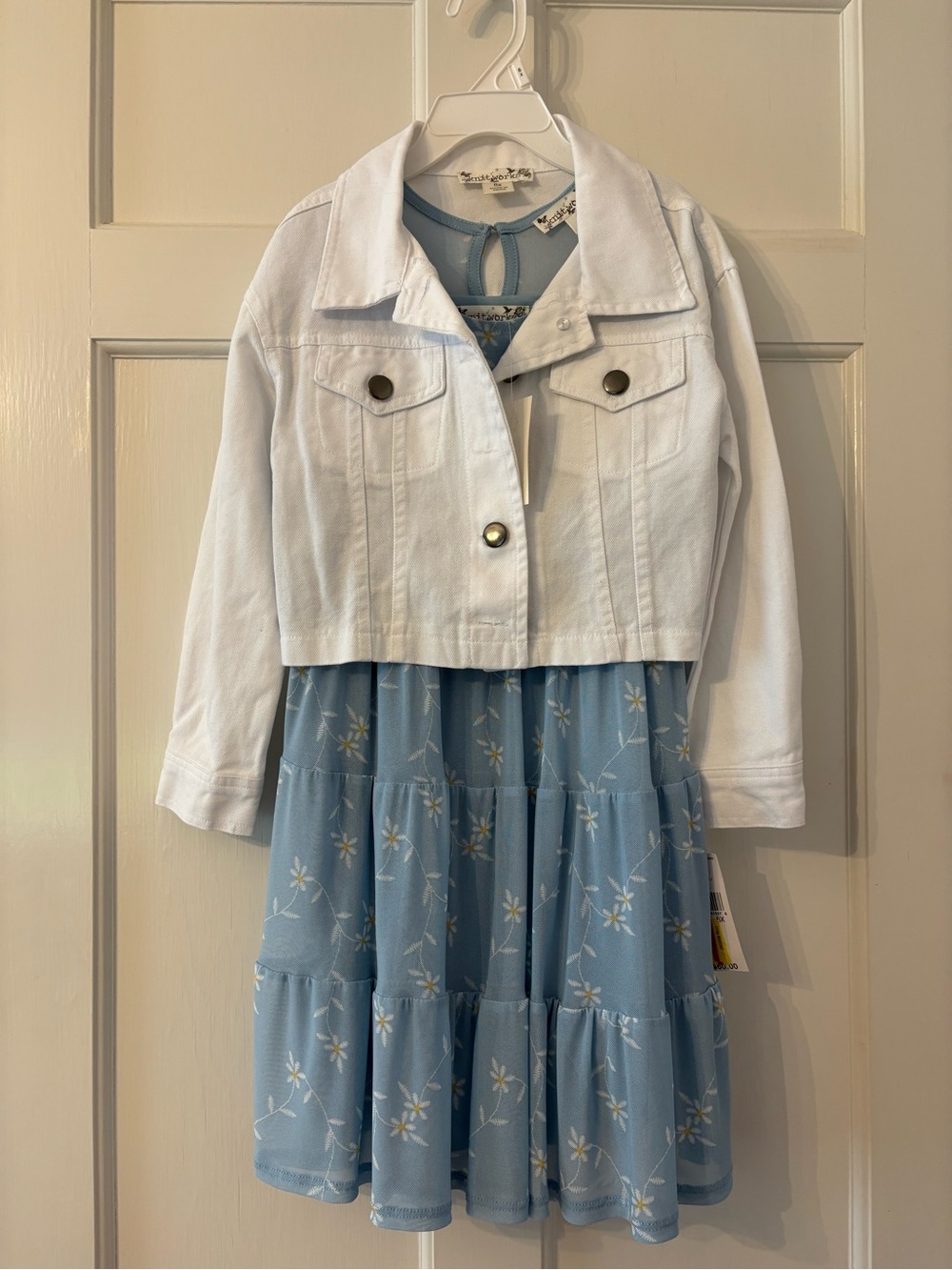 Knitworks Girls 6x Sheer Floral Blue Dress & White Jean Jacket Set NWT